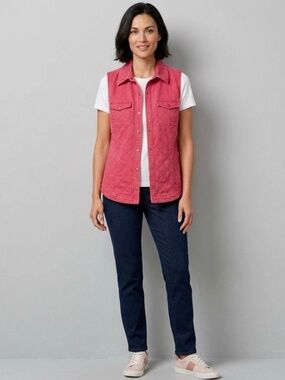 Talbots Red Denim Vest Collared Sleeveless XL Snap Cabincore Americana Western I